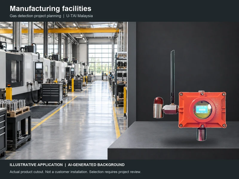 Manufacturing facilities application concept with real product cutout; AI background, not a customer site