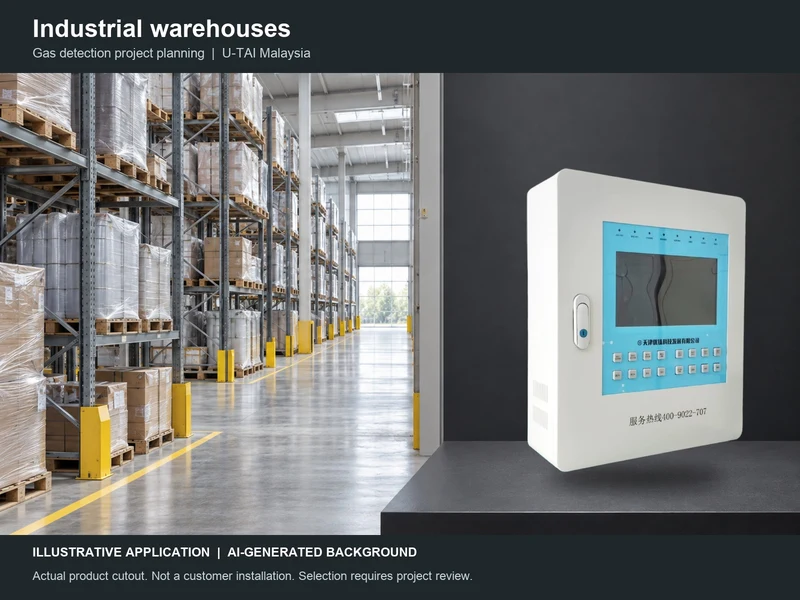 Industrial warehouses application concept with real product cutout; AI background, not a customer site