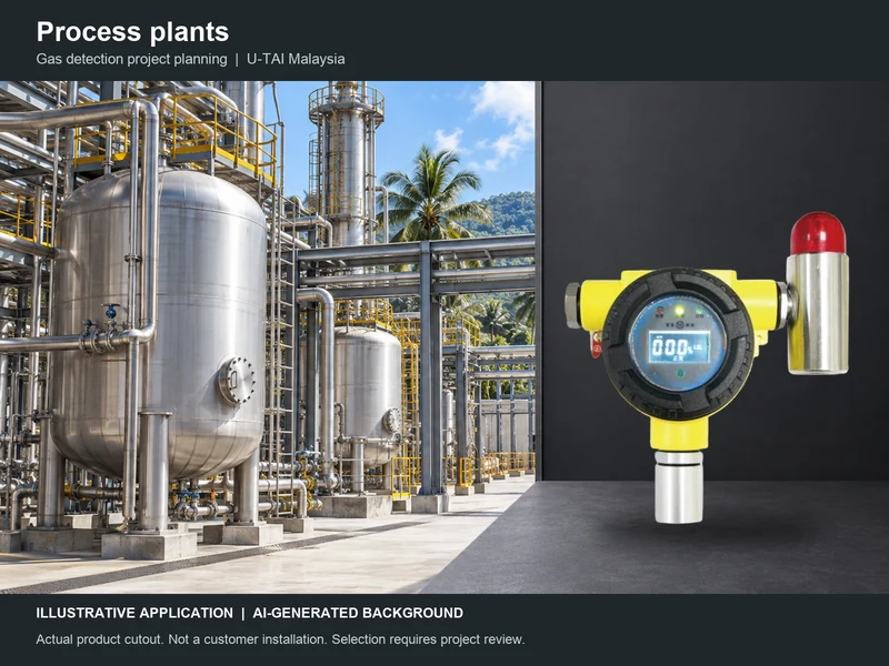 Process plants application concept with real product cutout; AI background, not a customer site